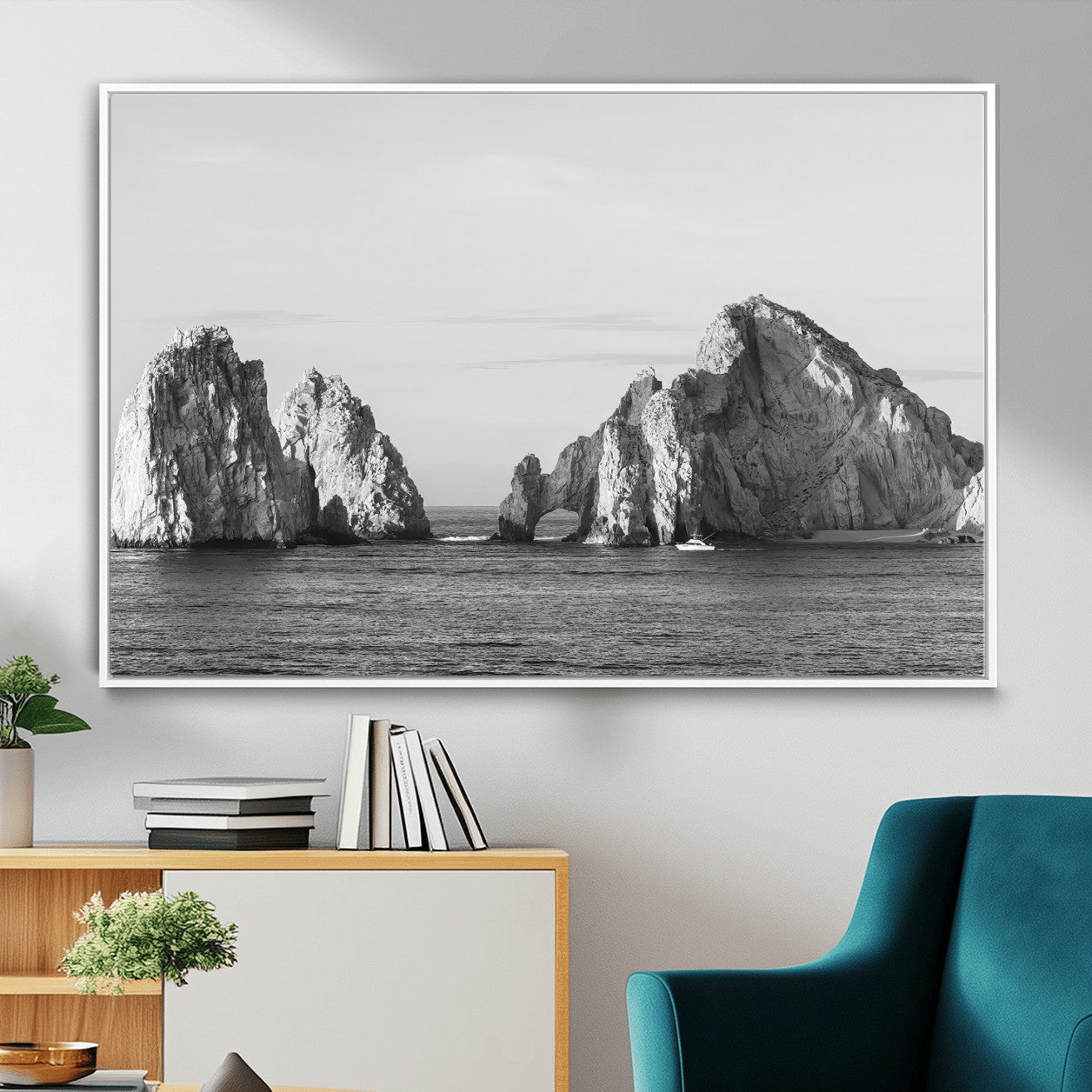MGV-FC-36X24 - Rugged Coastline Wall Art Canvas Print, Framed Ocean Cliffs Art Picture Print, Monochrome Seascape Perfect Coastal Minimalist Decor Artwork