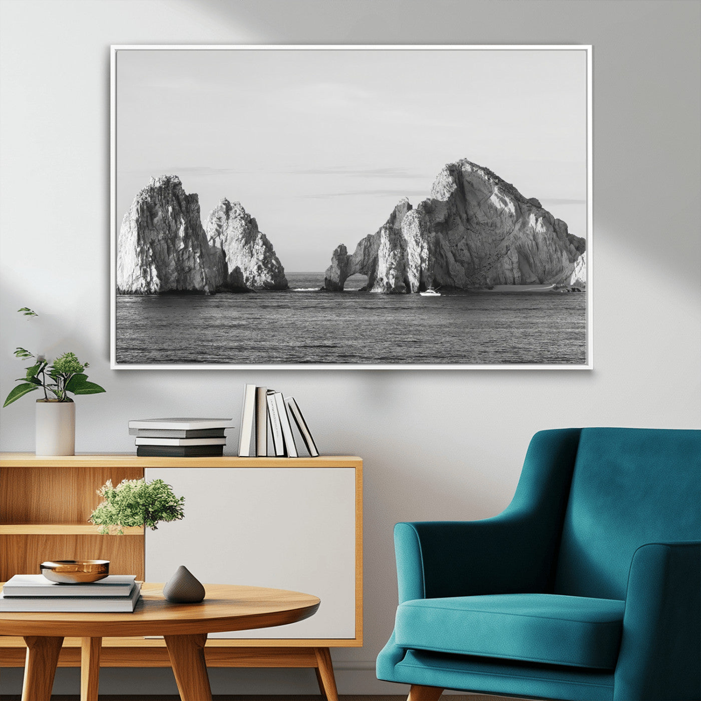 MGV-FC-36X24 - Rugged Coastline Wall Art Canvas Print, Framed Ocean Cliffs Art Picture Print, Monochrome Seascape Perfect Coastal Minimalist Decor Artwork