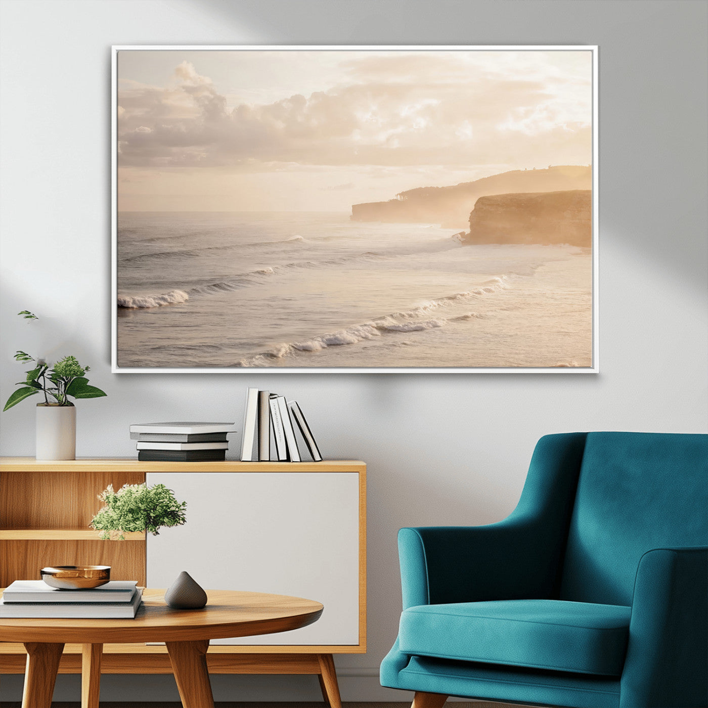 MGV-FC-36X24 - Misty Coastal Wall Art Canvas Print, Framed Golden Sunset Art Picture Print, Serene Shoreline Perfect Tranquil Coastal Decor Artwork