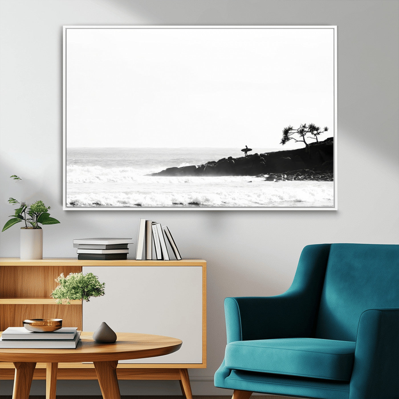 MGV-FC-36X24 - SurferCliffs Wall Art Canvas Print, Framed Black White Beach Art Picture Print, Ocean Waves Perfect Minimalist Coastal Decor Artwork