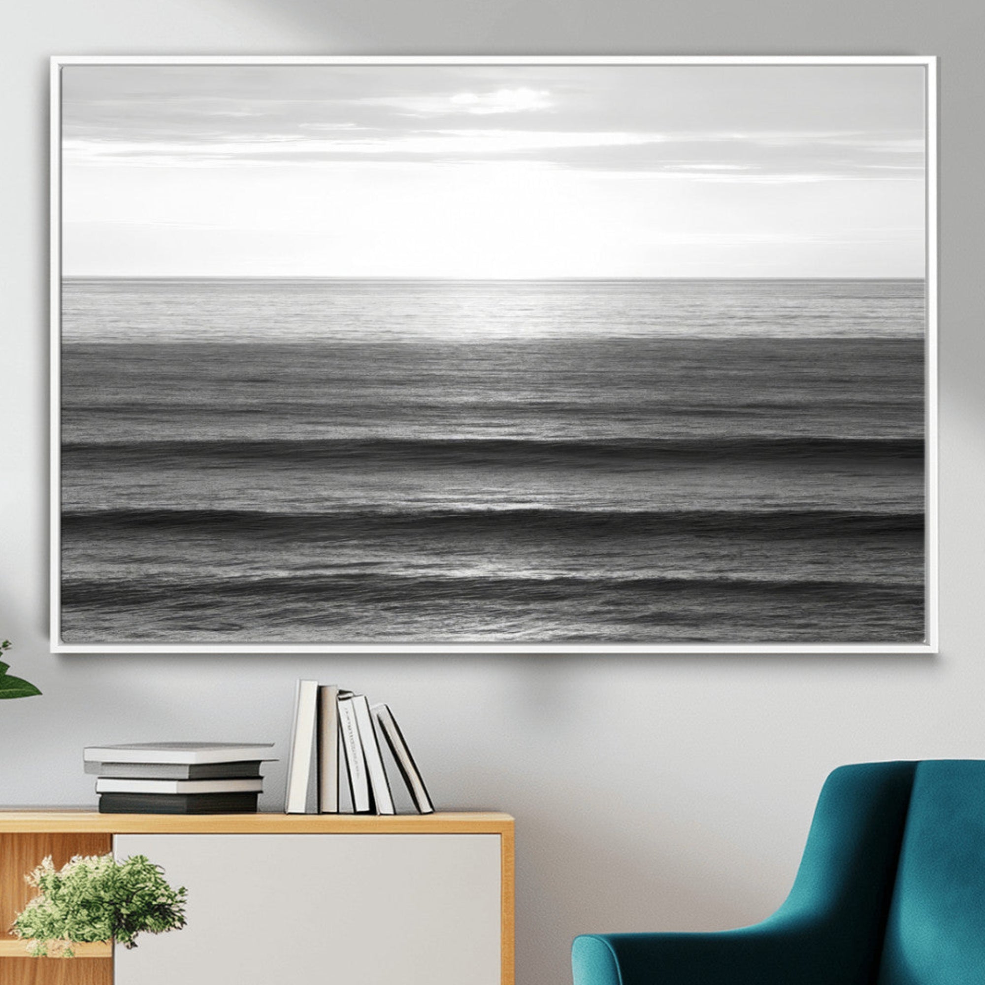 47305203-MGV-FC-36X24_White-Monochrome Ocean Wall Art Canvas Print – Framed Moody Ocean Scene with Calm Ocean Artwork for Home, Office, Living Room