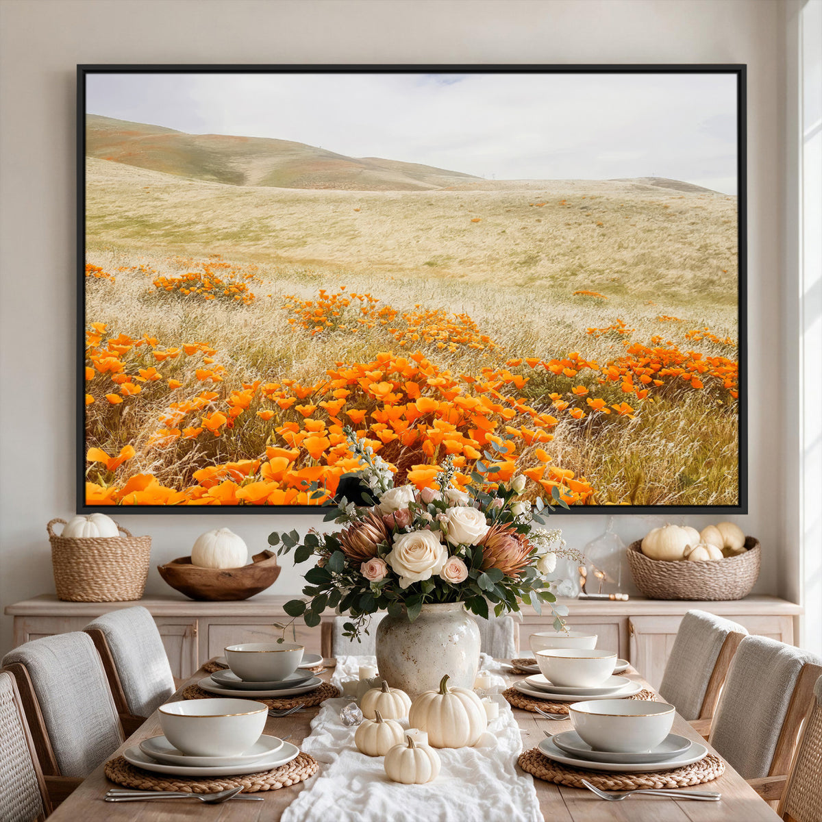 28972262-_Poster-30x20 - Golden Wildflowers Wall Art Canvas Print, Framed Hills and Poppy Meadow Scene