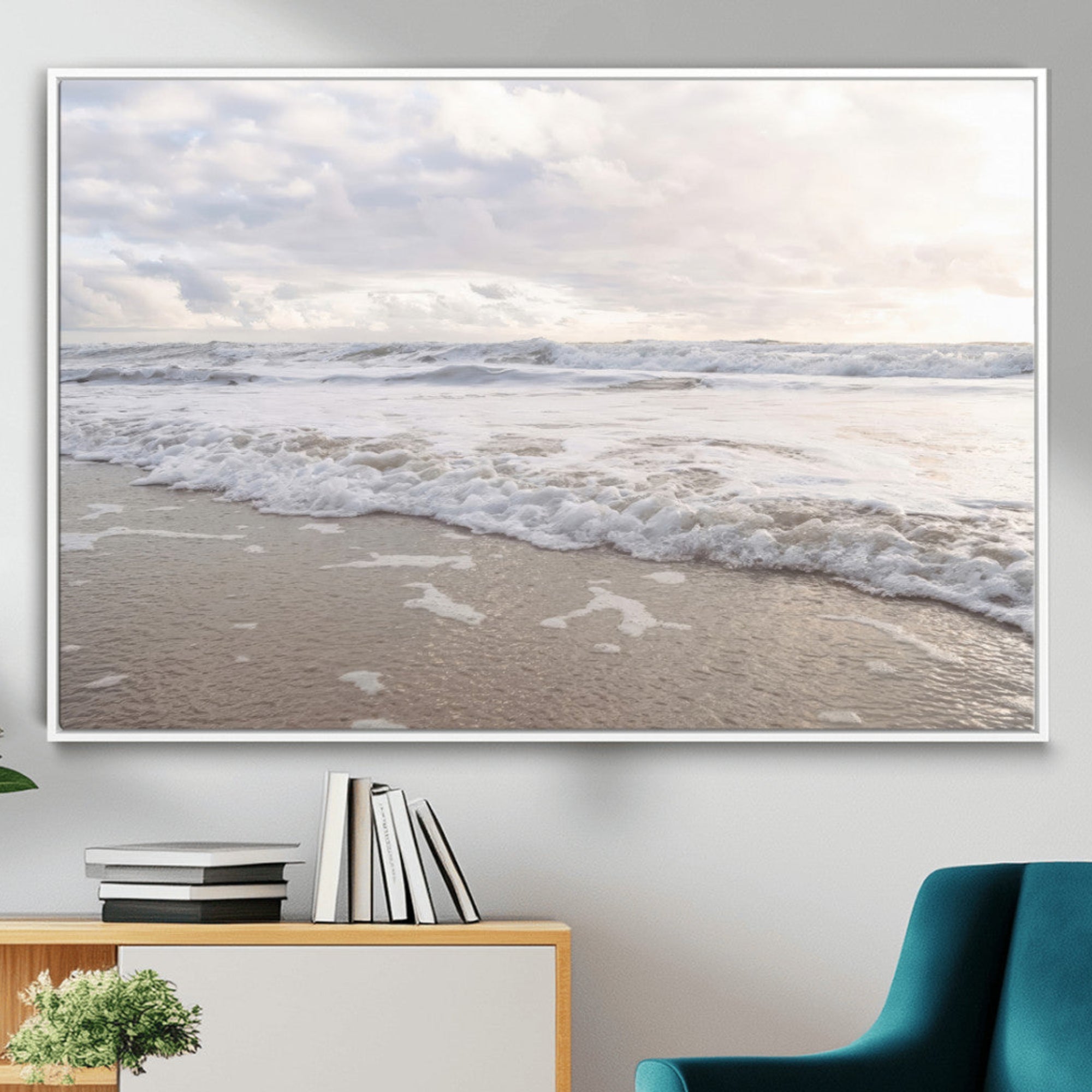 70596264-MGV-FC-36X24_White-Ocean Waves Wall Art Canvas Print – Framed Coastal Shoreline Scene with Sea Foam Artwork for Home, Office