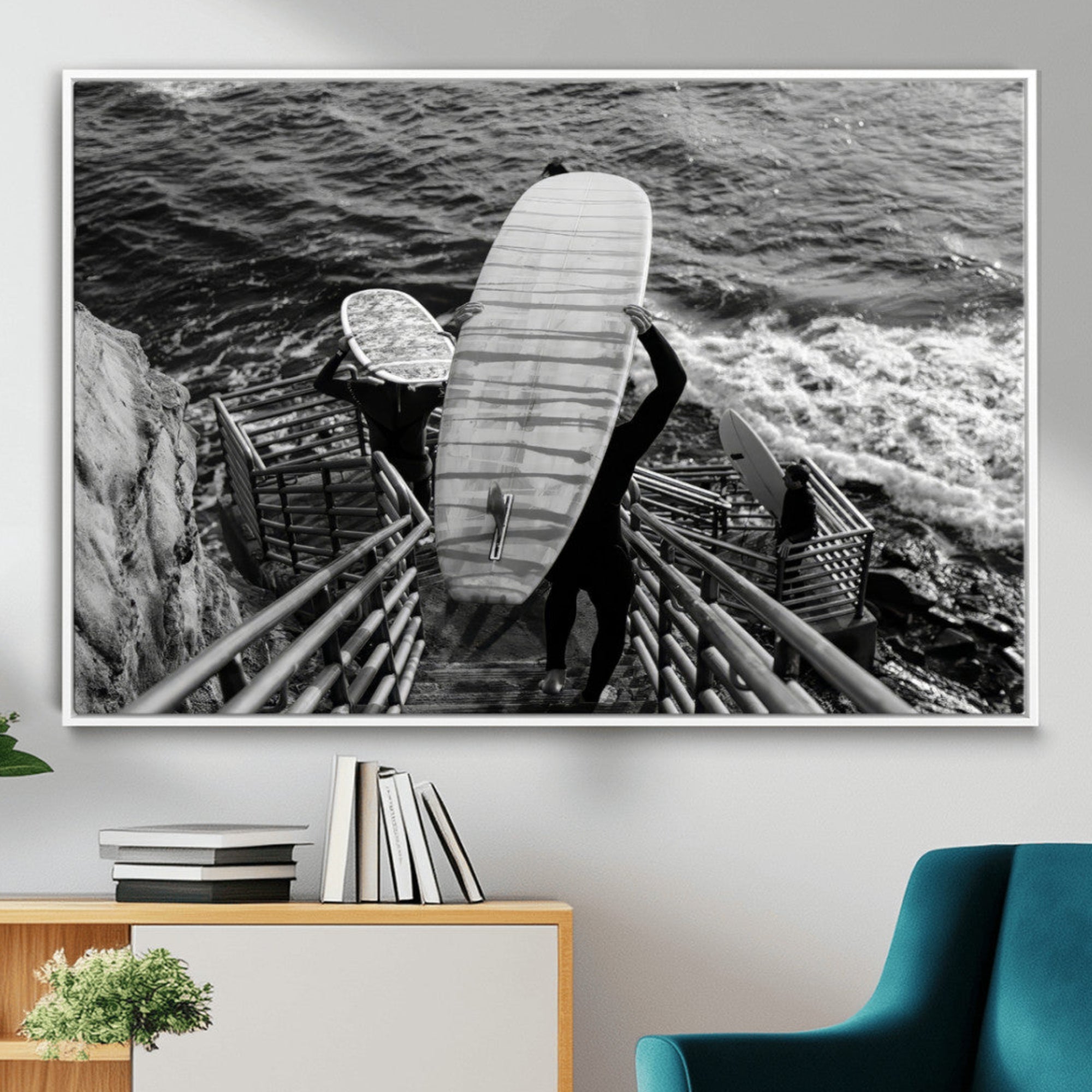 32353707-MGV-CV-36X24-Black White Surfing Wall Art Canvas Print – Framed Coastal Surfing Art Picture Wave Riders Artwork for Home, Office
