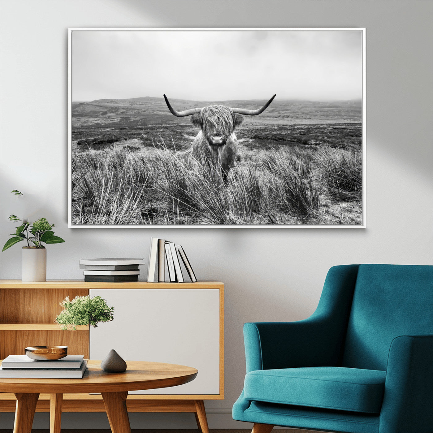 A black and white portrait of a Highland cow in a foggy Scottish countryside, capturing a rustic aesthetic and tranquil farm escape.