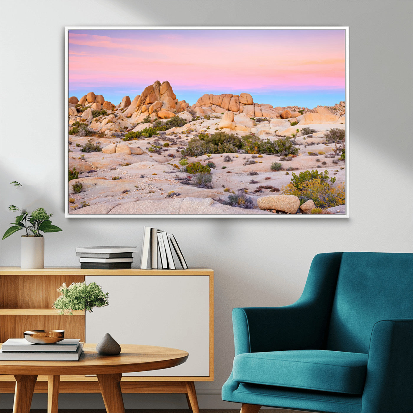 A breathtaking desert landscape featuring rugged rock formations under a vibrant pastel sunset sky, capturing the warmth and serenity of a Southwestern wilderness.