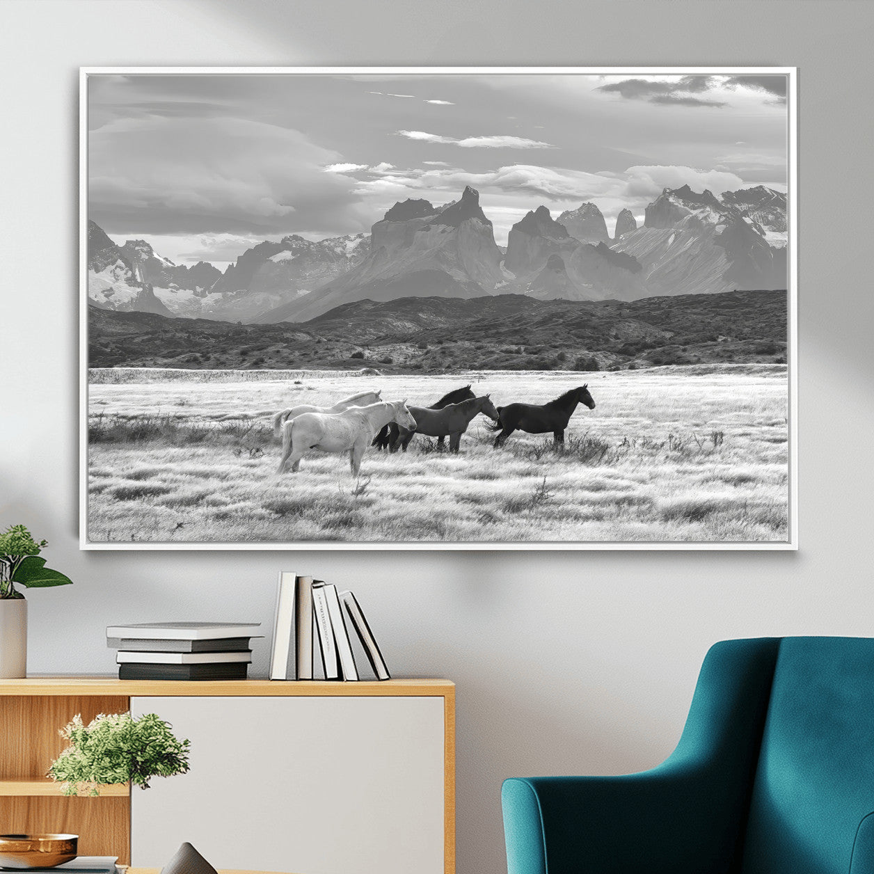 MGV-FC-36X24 - Wild Horses Wall Art Canvas Print, Framed Black White Mountains Art Picture Print, Rustic Countryside Perfect Rustic Western Decor Artwork