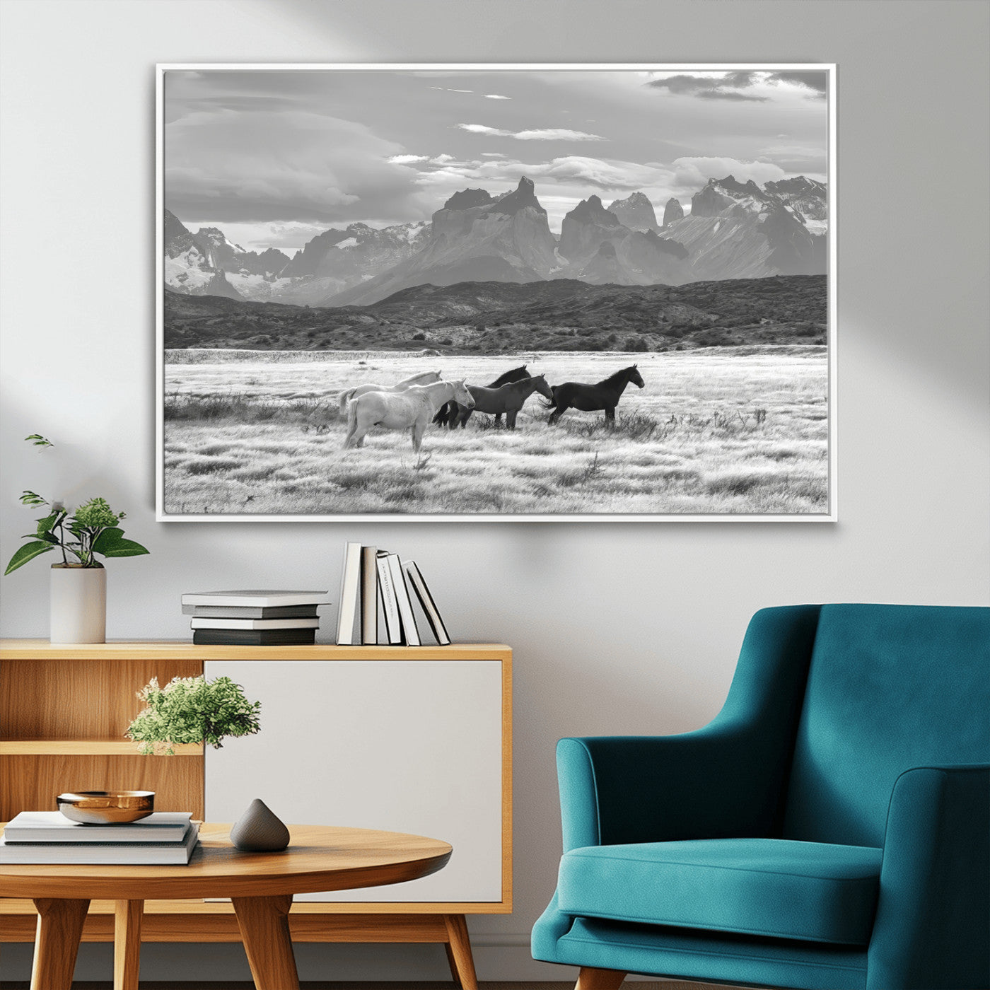 MGV-FC-36X24 - Wild Horses Wall Art Canvas Print, Framed Black White Mountains Art Picture Print, Rustic Countryside Perfect Rustic Western Decor Artwork