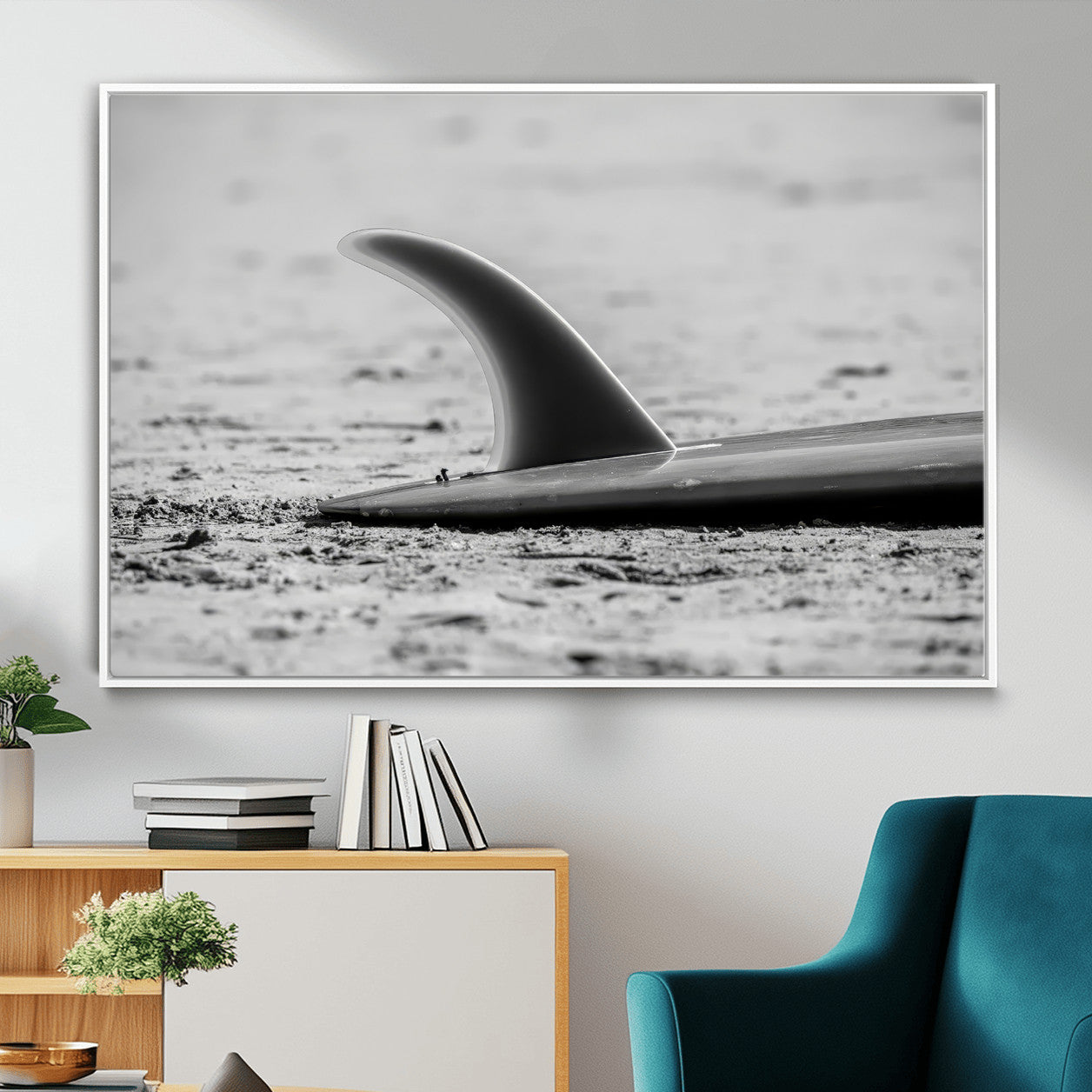 MGV-FC-36X24 - Black White Surfboard Wall Art Canvas Print, Framed Minimalist Beach Art Picture Print, Surf Fin Perfect Minimalist Coastal Decor Artwork