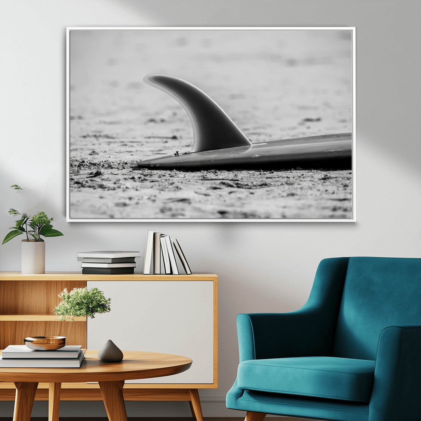 MGV-FC-36X24 - Black White Surfboard Wall Art Canvas Print, Framed Minimalist Beach Art Picture Print, Surf Fin Perfect Minimalist Coastal Decor Artwork