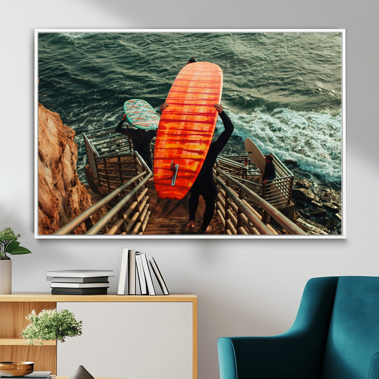 MGV-FC-36X24 - Surfer Stairway Wall Art Canvas Print, Framed Ocean Surf Art Picture Print, Sunset Coastal Perfect Coastal Adventure Decor Artwork