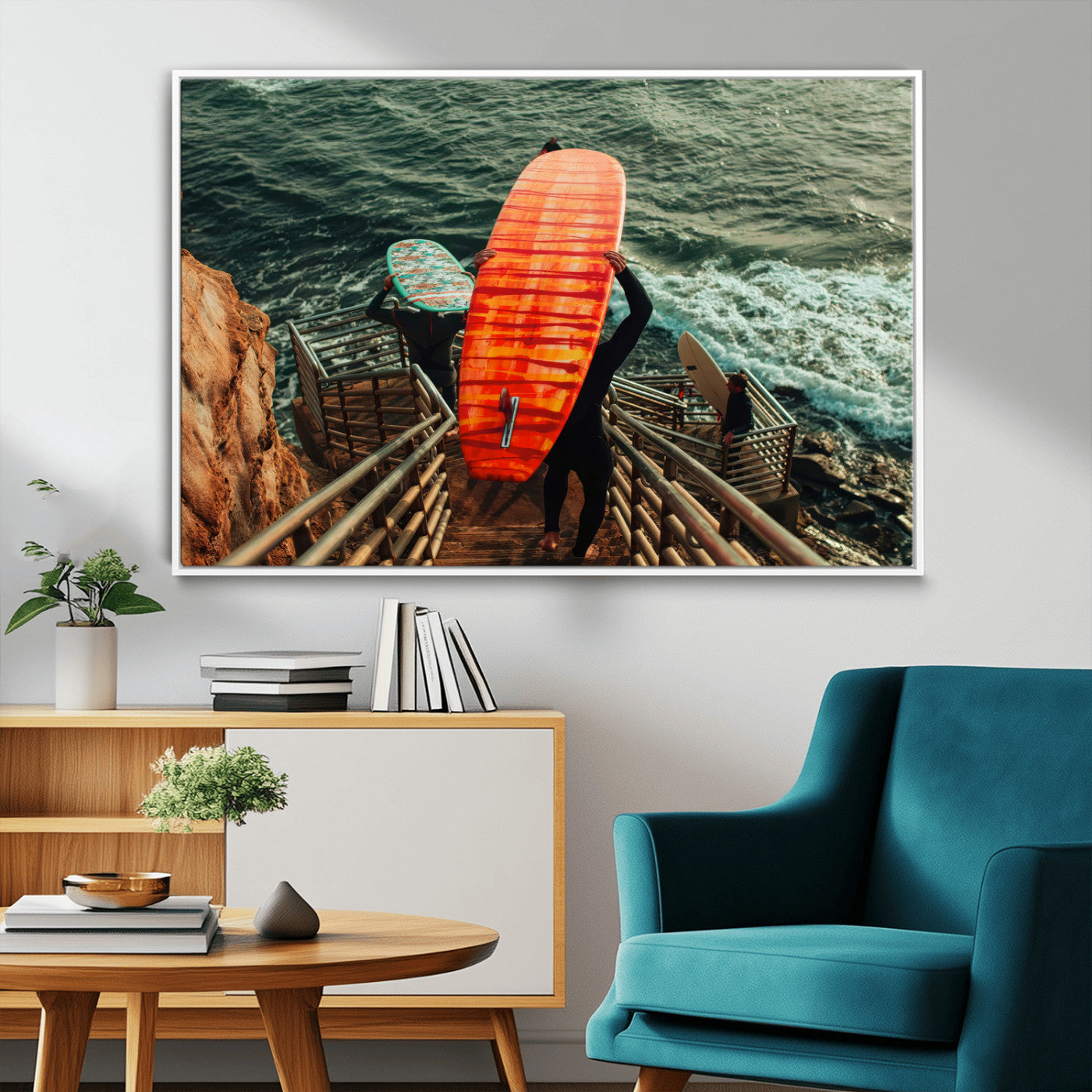 MGV-FC-36X24 - Surfer Stairway Wall Art Canvas Print, Framed Ocean Surf Art Picture Print, Sunset Coastal Perfect Coastal Adventure Decor Artwork