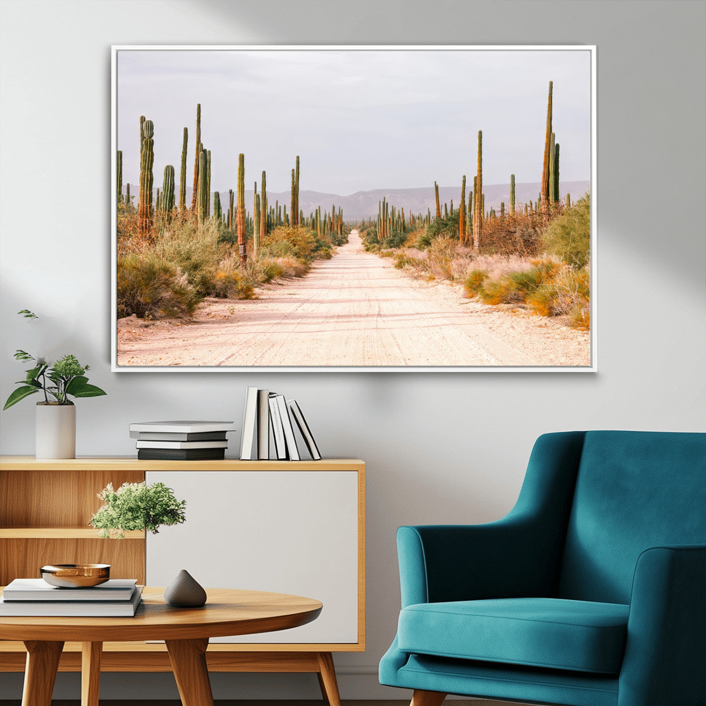 MGV-FC-36X24 - Desert Cactus Lined Road Wall Art Canvas Print, Framed Southwestern Landscape Art Picture Print, Bohemian Western Aesthetic Perfect Southwestern Boho Decor Artwork