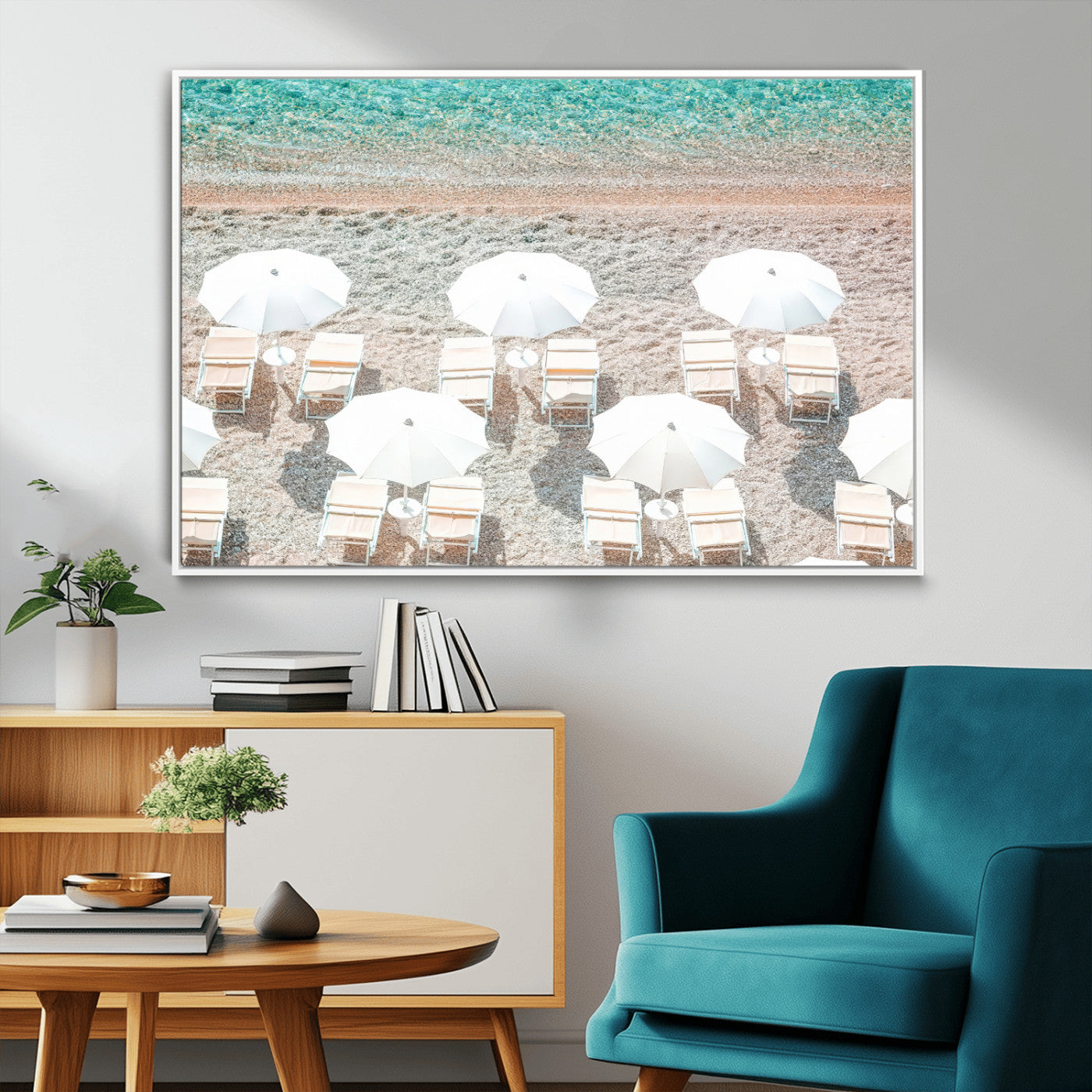 MGV-FC-36X24 - Calm Beach Wall Art Canvas Print, Framed Turquoise Water Art Picture Print, Umbrella Shoreline Perfect Coastal Minimalist Decor Artwork
