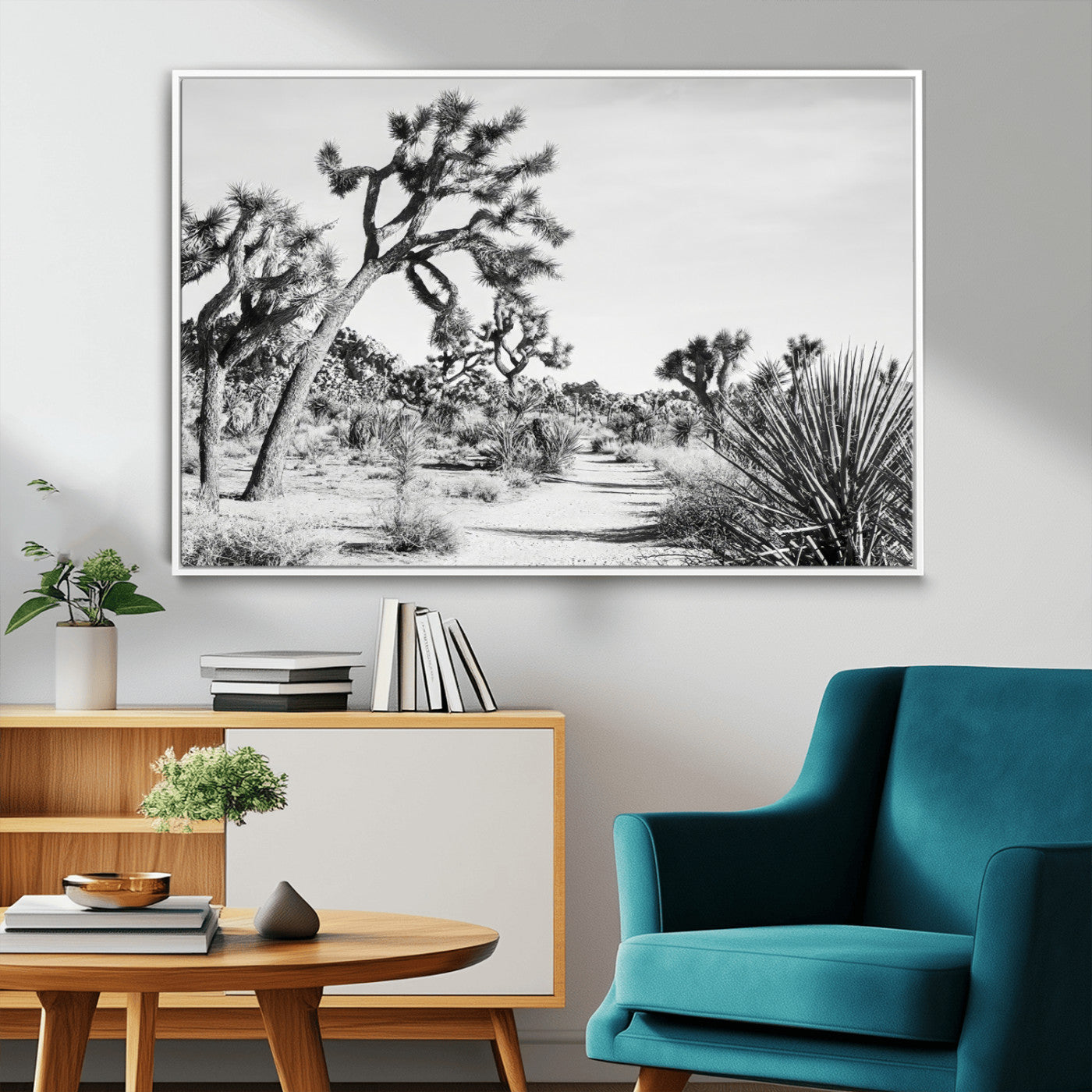 MGV-FC-36X24 - Joshua Tree Wall Art Canvas Print, Framed Desert Path Art Picture Print, Monochrome Desert Perfect Minimalist Desert Decor Artwork