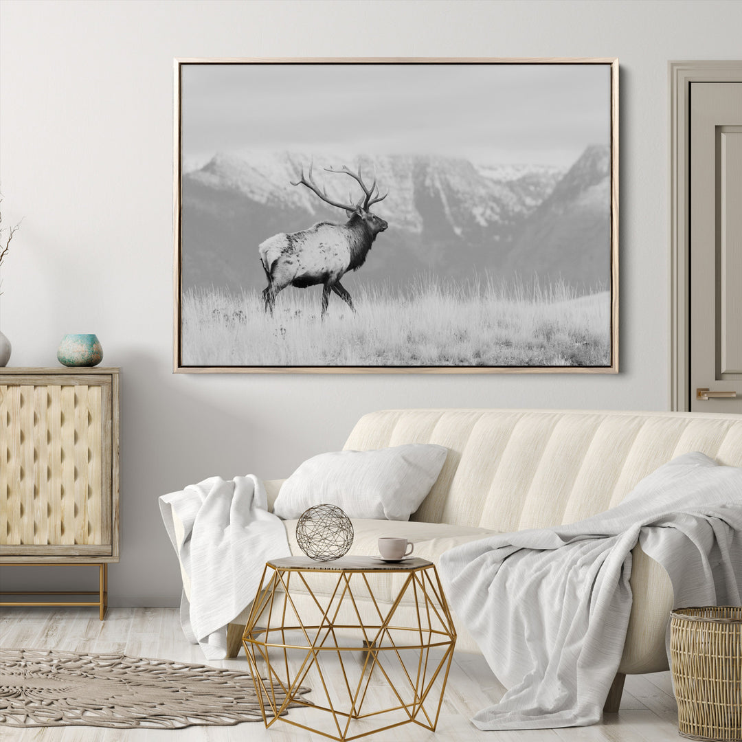 Rustic Elk Wall Art Canvas Print, Wildlife Antler Print, Framed Western Hunting Lodge Art Print, Large Mountain Nature Scene Printing Perfect for Japanese Decor