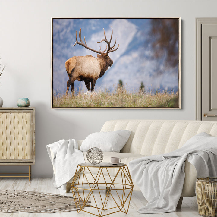 Rustic Elk Wall Art Canvas Print, Wildlife Antler Print, Framed Western Hunting Lodge Art Print