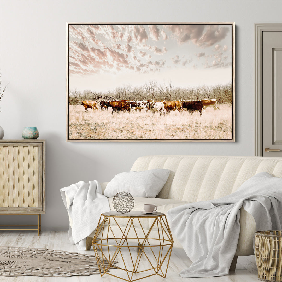 Longhorn Cattle Wall Art Canvas Print, Texas Ranch Print, Framed Western Cow Art Print, Large Prairie Landscape Printing Perfect for Western Decor