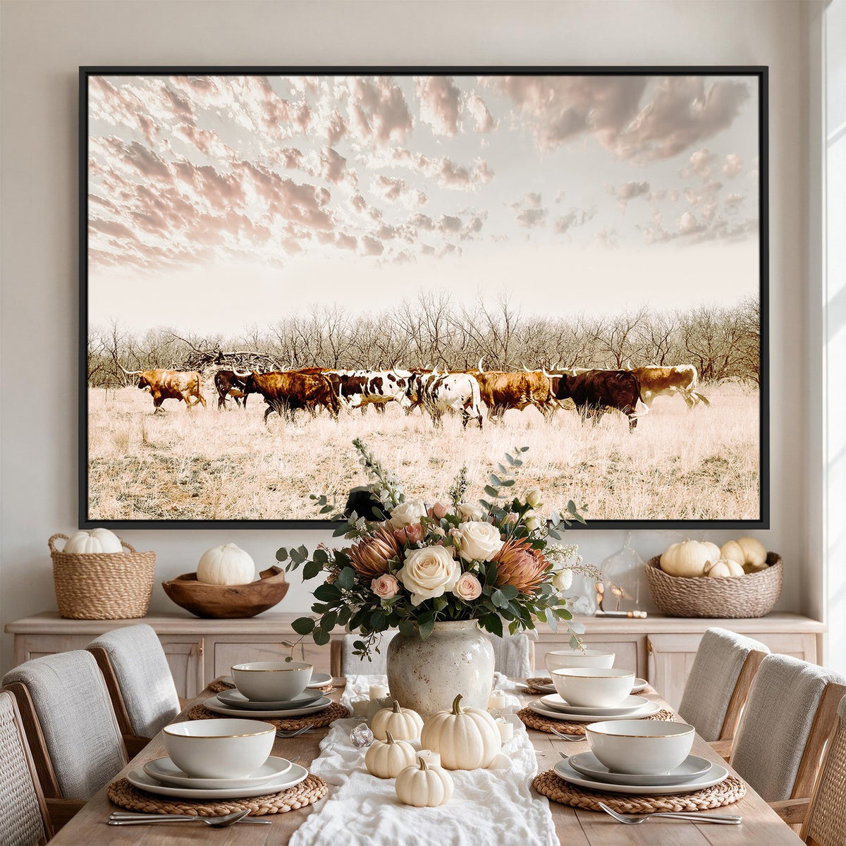 64892775-MGV-CV-24X16 - Longhorn Cattle Wall Art Canvas Print, Framed Texas Ranch Art, Western Cow Print, Prairie Landscape Decor