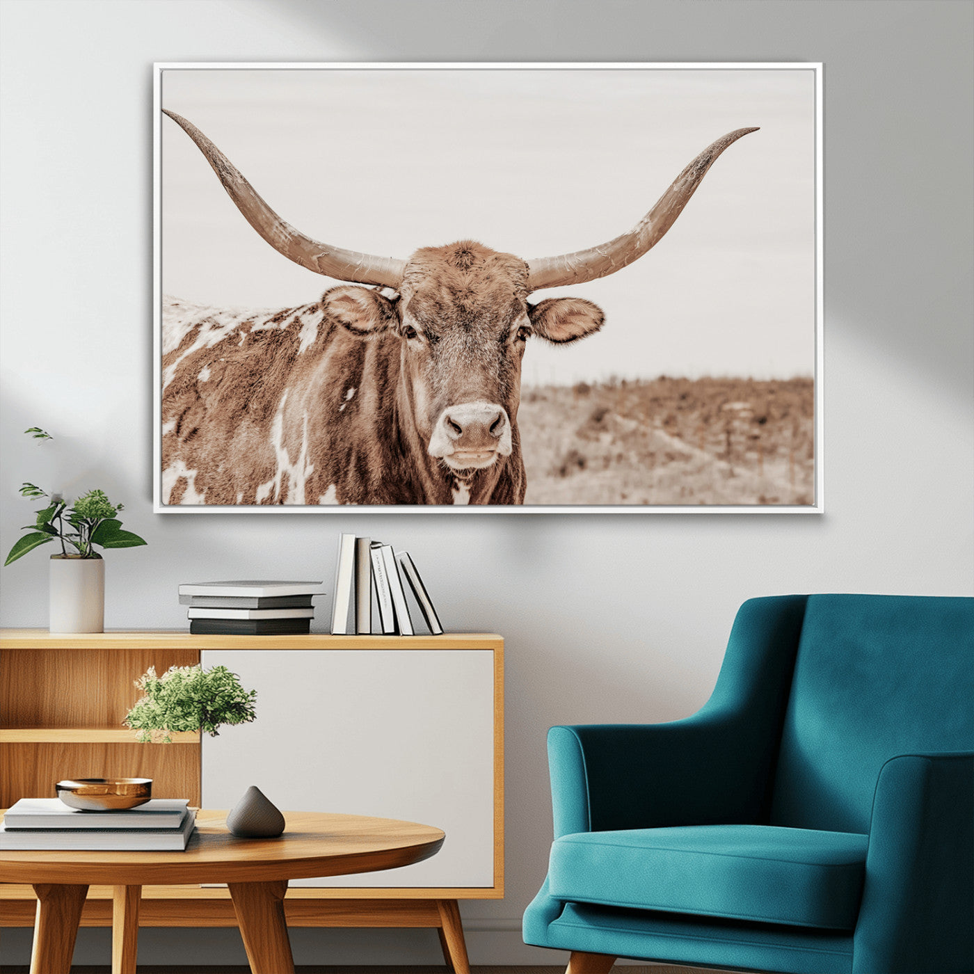 MGV-FC-36X24 - Longhorn Cow Wall Art Canvas Print, Framed Texas Ranch Art Picture Print, Western Bull Perfect County Decor Artwork