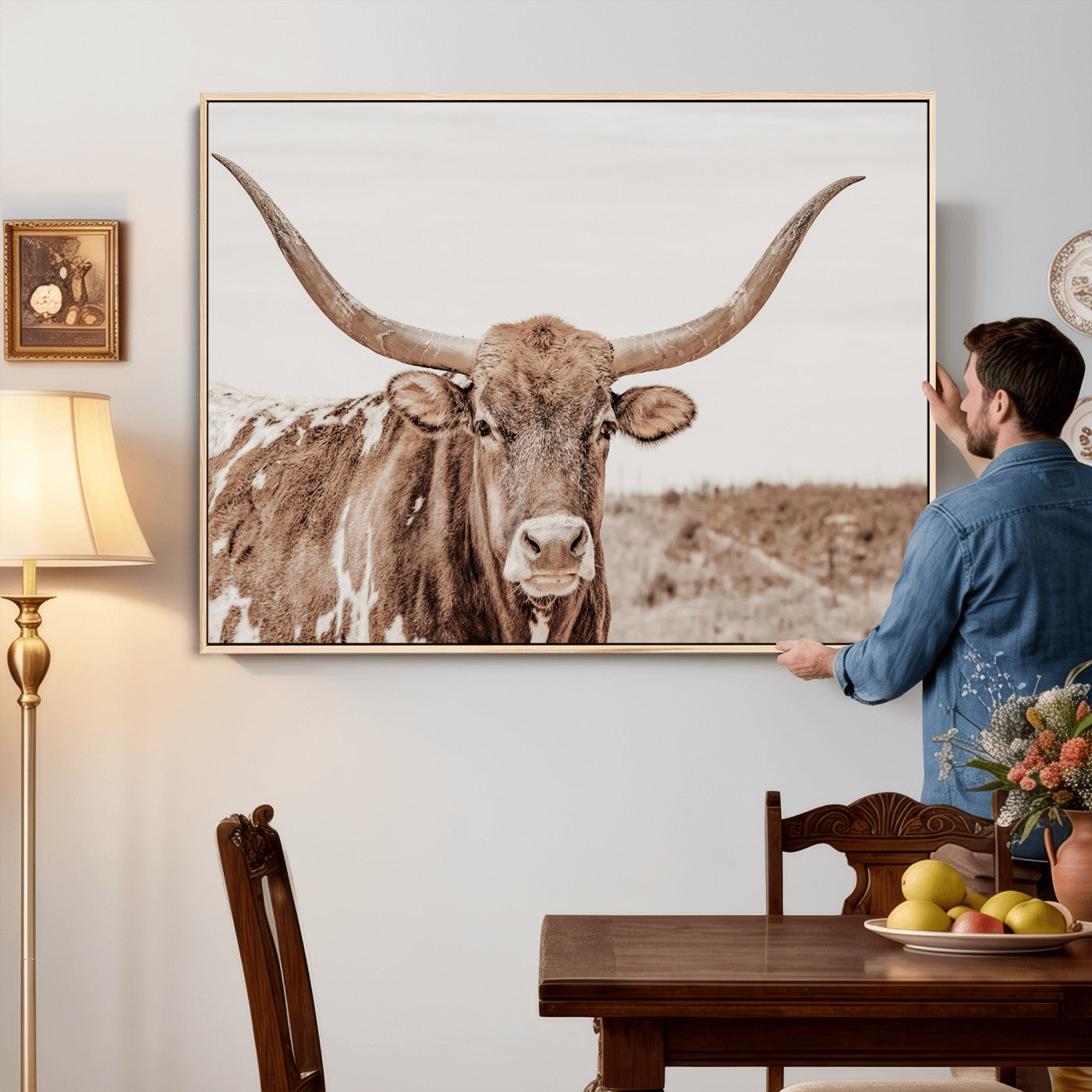 39964150-MGV-CV-36X24 - Longhorn Cow Wall Art Canvas Print, Texas Ranch Print, Framed Western Bull Art Print, Large BigHorn Cowboy Printing Perfect for County Decor