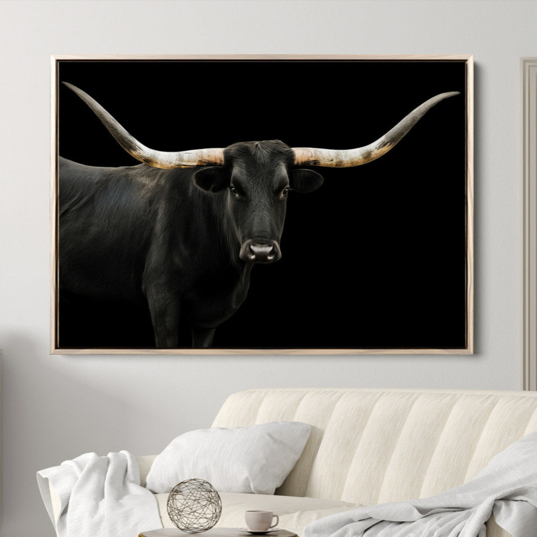 Black White Longhorn Bull Wall Art Canvas Print, Texas Ranch Print, Framed Western Cow Art Print for Farmhouse Decor - Longhorn Print