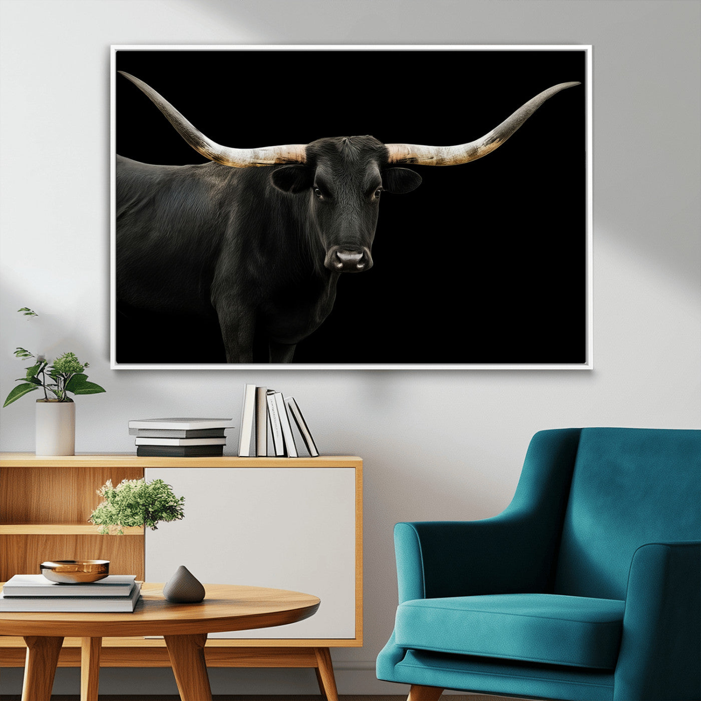 MGV-FC-36X24 - Longhorn Cattle Wall Art Canvas Print, Framed Texas Ranch Art Picture Print, Western Cow Perfect Farmhouse Decor Artwork