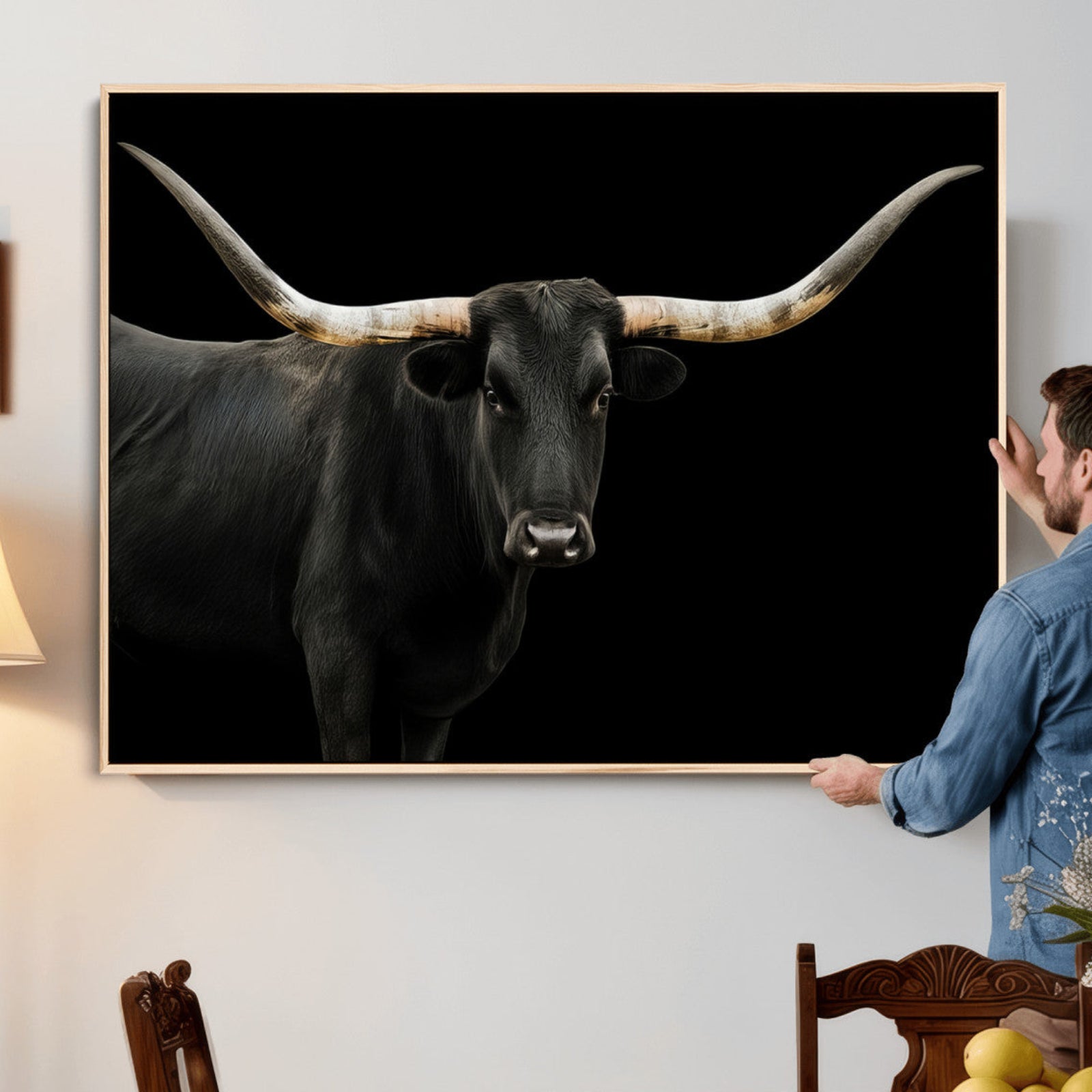 99448328-MGV-CV-36X24 - Longhorn Cattle Wall Art Canvas Print, Framed Texas Black Bull Art Picture Print, Western Cow Perfect Farmhouse Decor Artwork