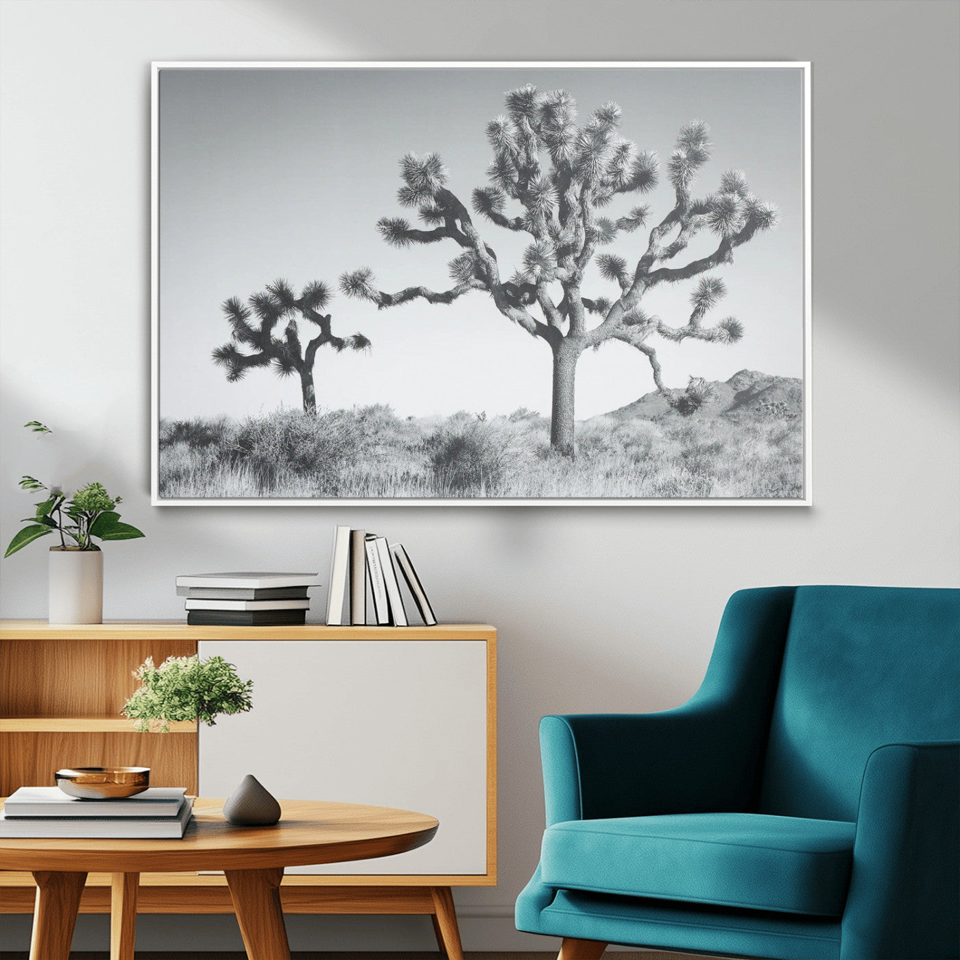 MGV-FC-36X24 - Joshua Tree Wall Art Canvas Print, Framed Black White Landscape Art Picture Print, Desert Tree Decor Perfect Southwestern Decor Artwork
