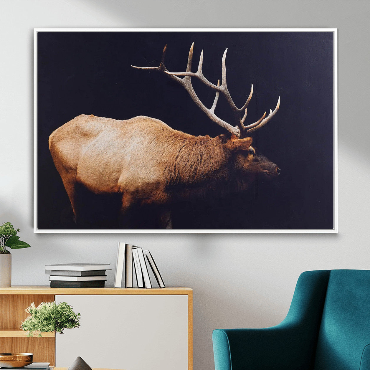 89239257-MGV-FC-36X24 - Rustic Elk Wall Art Canvas Print – Framed Moody Wildlife Art Picture Western Animal Artwork for Home, Office