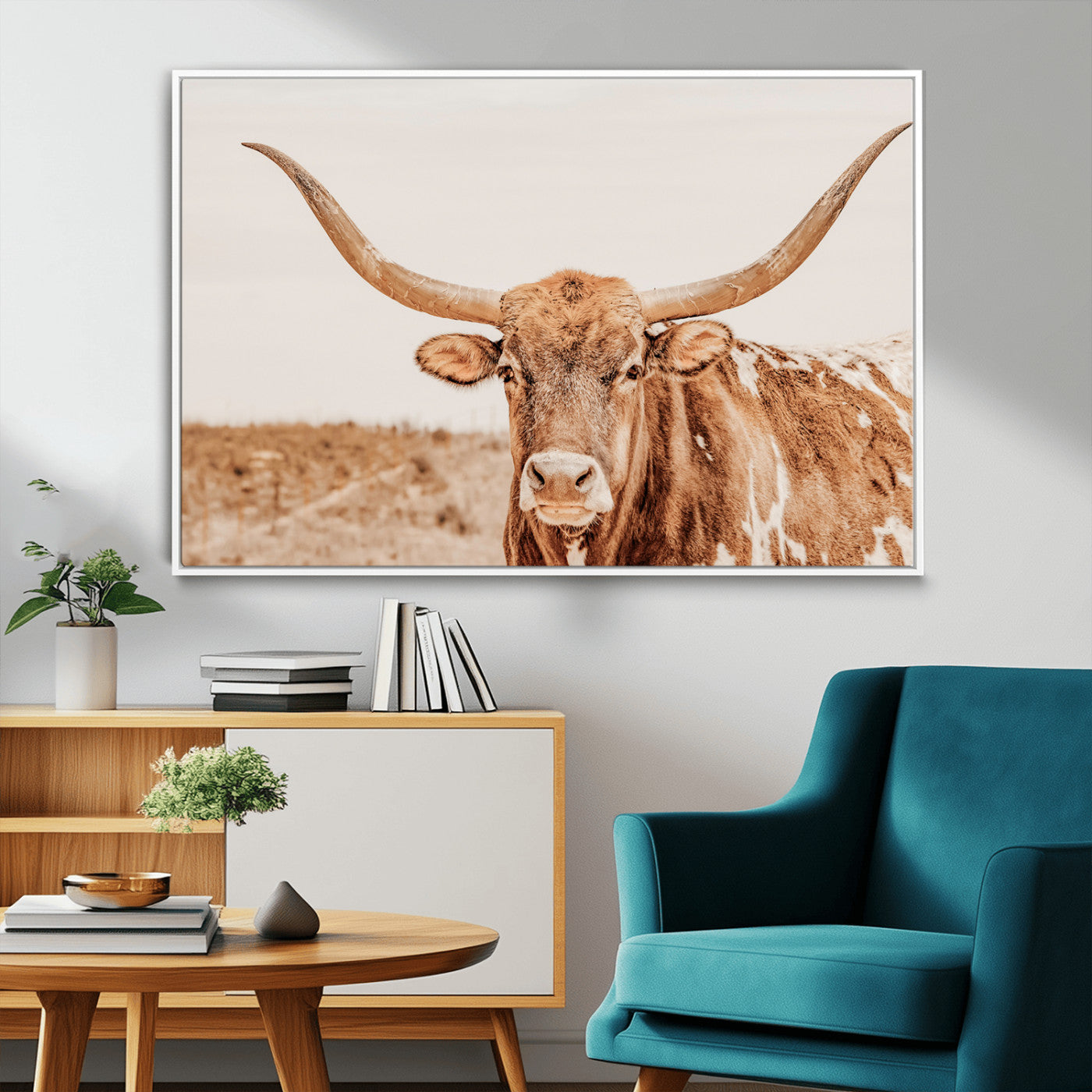 MGV-FC-36X24 - Longhorn Bull Wall Art Canvas Print, Framed Western Cow Art Picture Print, Rustic Farmhouse Perfect Neutral Farmhouse Decor Artwork