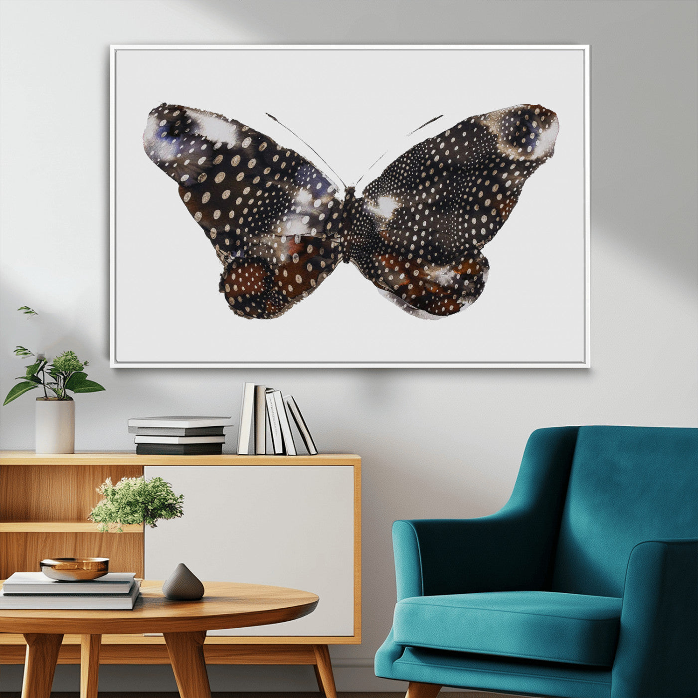 MGV-FC-36X24 - Spotted Butterfly Wall Art Canvas Print, Framed Neutral Insect Theme Art Picture Print, Earthy Wing Pattern Perfect Modern Rustic Decor Artwork