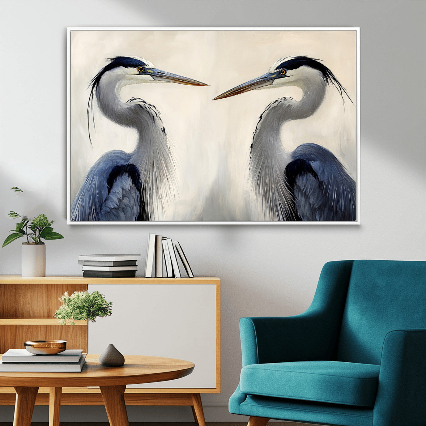 MGV-FC-36X24 - Blue Heron Pair Wall Art Canvas Print, Framed Coastal Bird Theme Art Picture Print, Tranquil Wildlife Scene Perfect Coastal Minimalist Decor Artwork