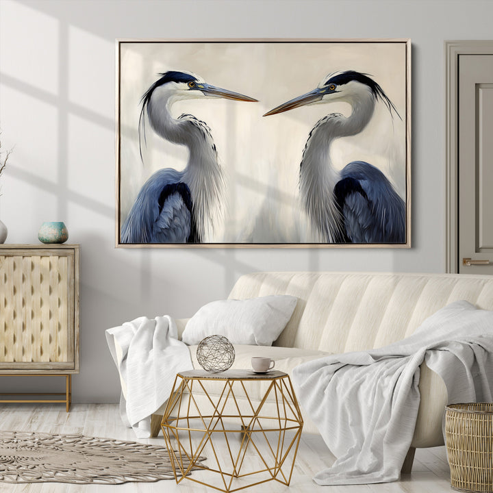 Blue Heron Pair Art Canvas Print, Coastal Bird Theme Print, Framed Tranquil Wildlife Scene Art Print, Large Nature Inspired Decor