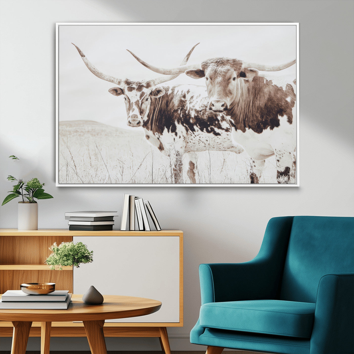 MGV-FC-36X24 - Longhorn Wall Art Wall Art Canvas Print, Framed Western Cow Canvas Art Picture Print, Rustic Farm Decor Perfect Rustic Farmhouse Decor Artwork