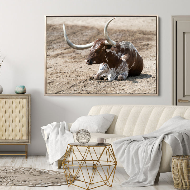 Texas Longhorn Wall Art Canvas Print, Framed Country Living Art Picture Print, Farmhouse Perfect Western Decor Artwork