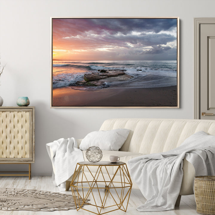 Golden Hour Wall Art Canvas Print, Framed Tranquil Waves Art Picture Print, Beach Perfect Coastal Serenity Decor Artwork