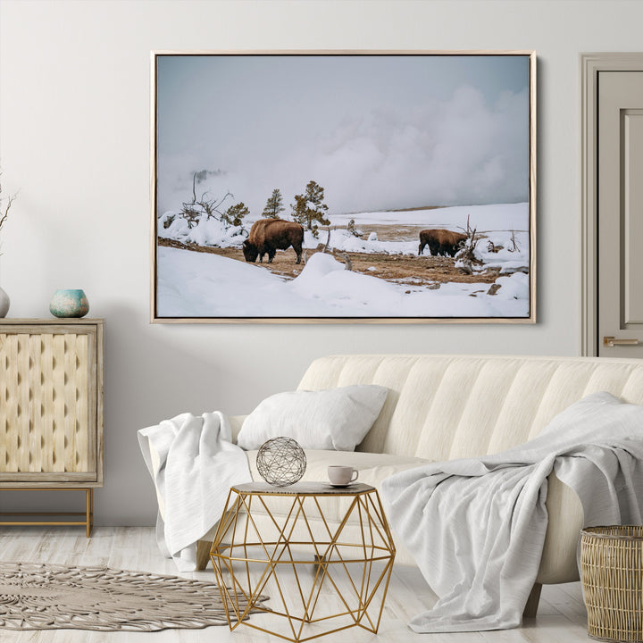 Bison Wildlife Wall Art Canvas Print, Framed Snowy Prairie Art Picture Print, Western Perfect Rustic Decor Artwork