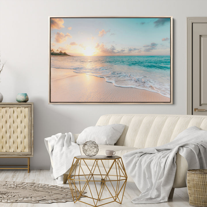 Beach Sunset Wall Art Canvas Print, Framed Ocean Waves Art Picture Print, Summer Escape Perfect Coastal Decor Artwork