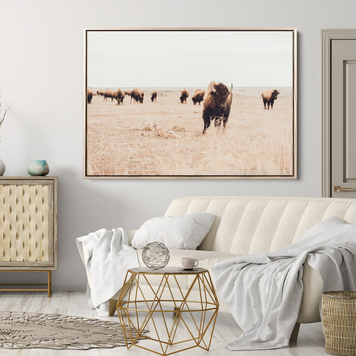 Bison Herd Wall Art Canvas Print, Framed Western Art Picture Print, Prairie Serenity Perfect Ranch Decor Artwork