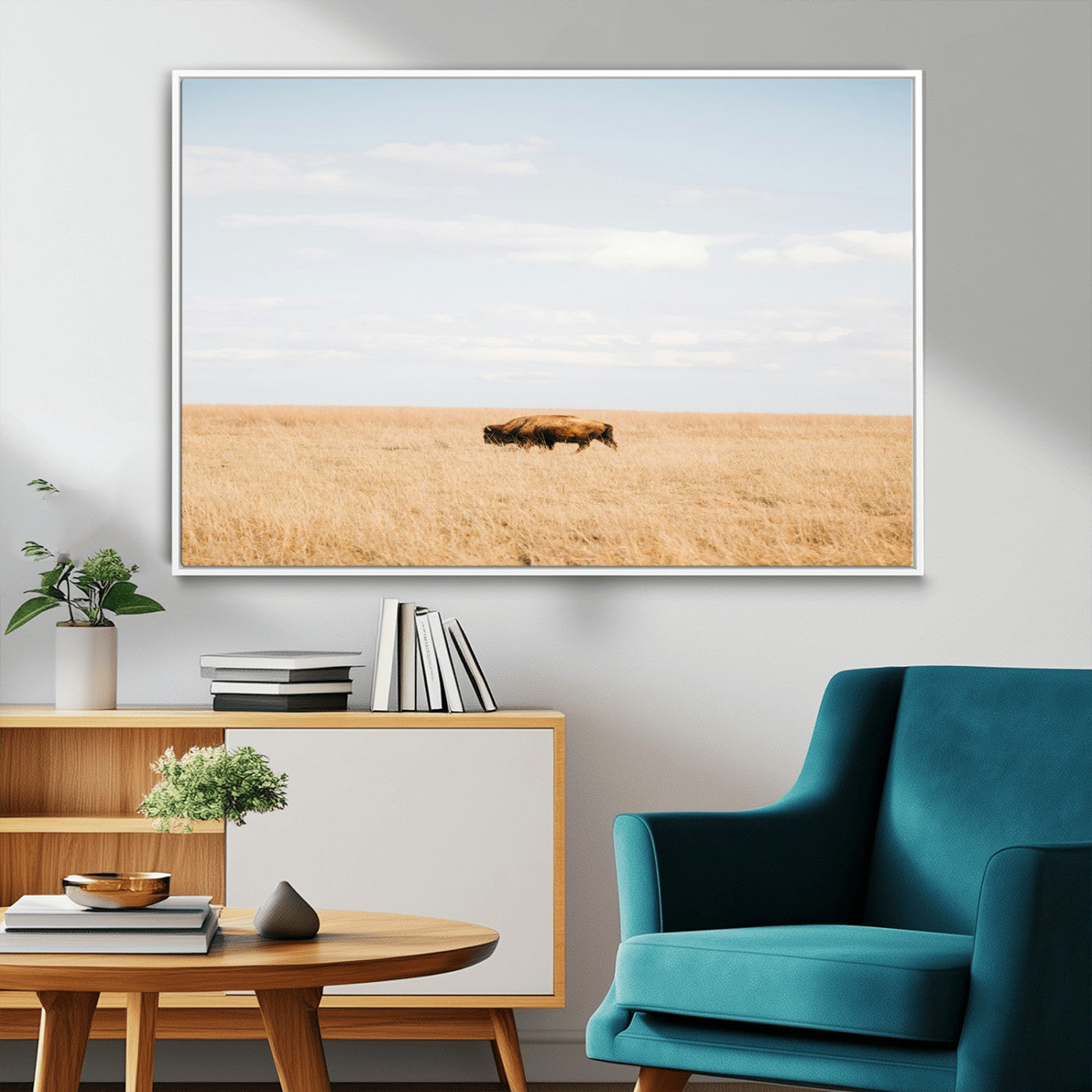 MGV-FC-36X24 - Minimalist Nature Wall Art Canvas Print, Framed Bison In Grassland Art Picture Print, Open Field Perfect Modern Ranch Decor Decor Artwork