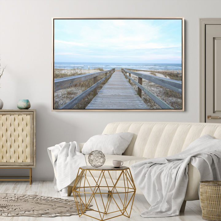 Beach Boardwalk Wall Art Canvas Print, Framed Coastal Serenity Art Picture Print, Ocean View Perfect Coastal Decor Artwork