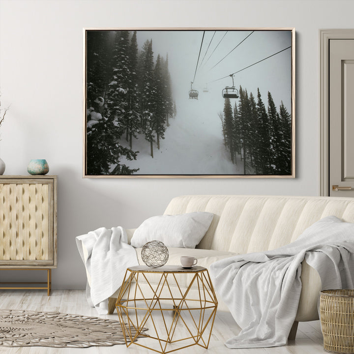 Ski Lift Wall Art Canvas Print, Framed Snowy Pines Art Picture Print, Misty Landscape Perfect Winter Serenity Decor Artwork