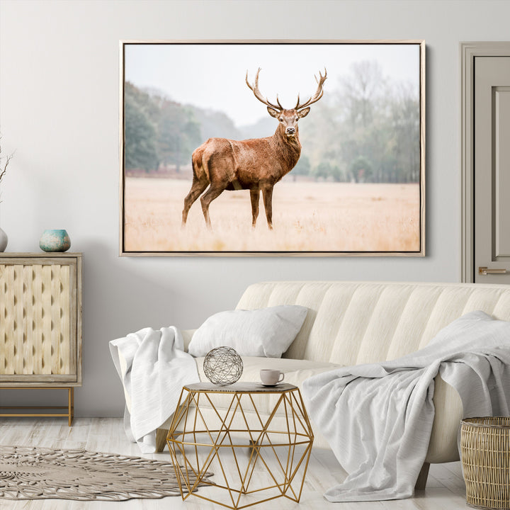 Vintage Wildlife Canvas Print, Framed Misty Landscape Art Picture Print, Deer Wall Art Perfect Rustic Wildlife Decor Artwork