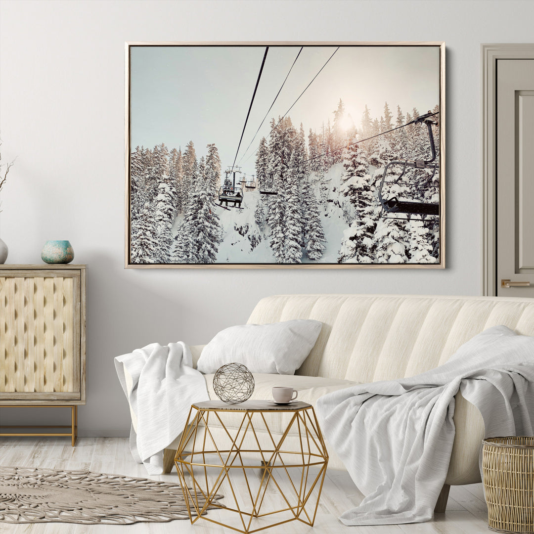 Frosty Pines Wall Art Canvas Print, Framed Cozy Cabin View Art Picture Print, Ski Lift Ride Perfect Rustic Lodge Decor Artwork