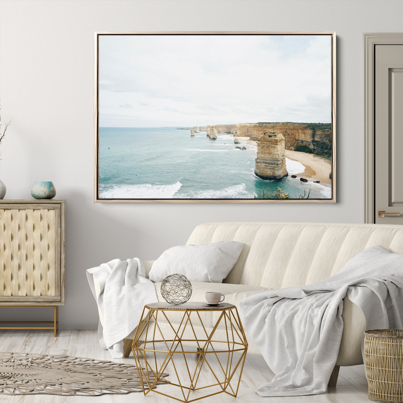 70095633-MGV-CV-36X24-Twelve Apostles Wall Art Canvas Print, Framed Coastal Cliffs Art Picture Print, Rugged Rock Formations Perfect Minimalist Coastal Decor