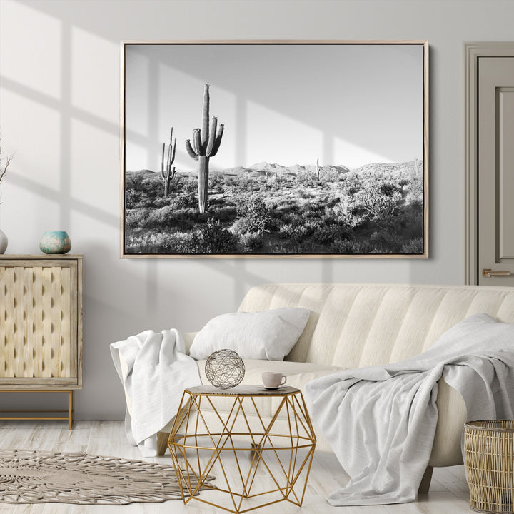 Saguaro Cactus Canvas Print Wall Art , Monochrome Landscape Print, Framed Scenic Arizona Art Print, Large Timeless Western Aesthetic