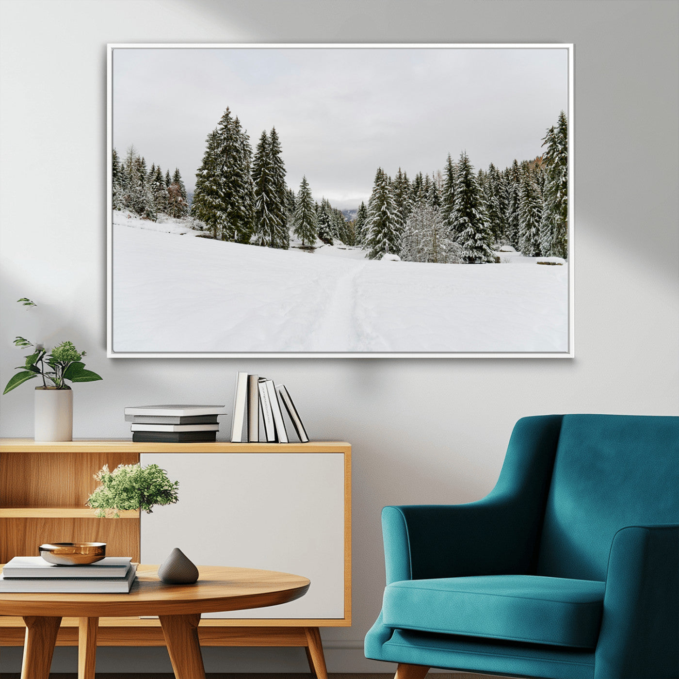 MGV-FC-36X24 - Frosty Pines Wall Art Canvas Print, Framed Silent Snowfall Art Picture Print, Cozy Cabin Vibes Perfect Nordic Minimalist Decor Artwork