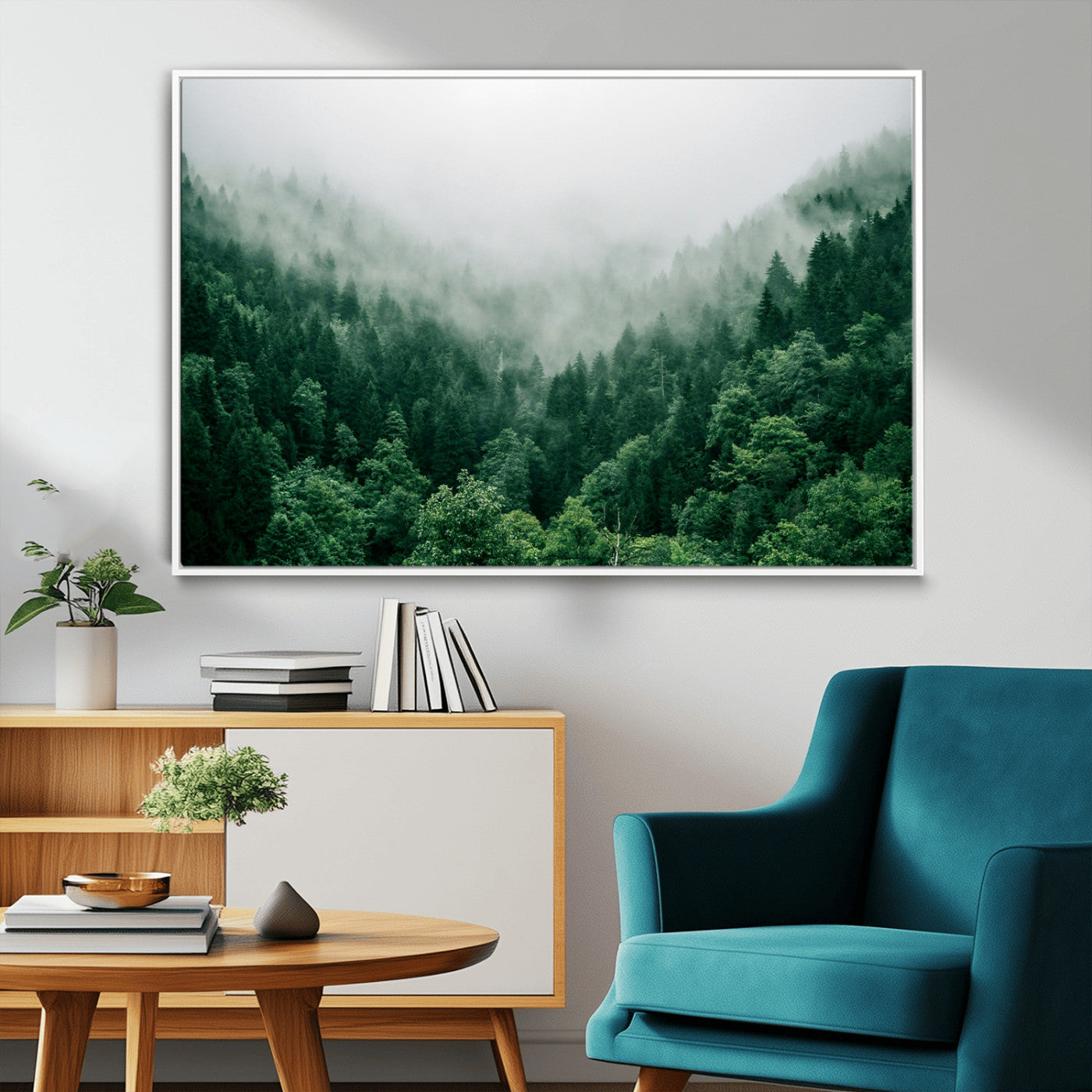 MGV-FC-36X24 - Misty Green Forest Canvas Print – Serene Foggy Pine Landscape Wall Art, Tranquil Nature Decor for