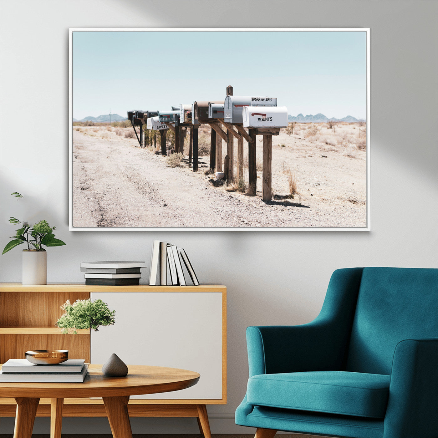 MGV-FC-36X24 - Desert Mailboxes Canvas Print – Minimal Western Landscape Photography, Rustic Americana Wall Art for